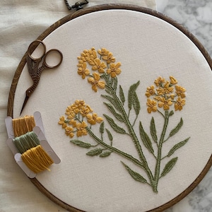 Large Botanical Embroidery Hoop Art • Hand Embroidered Mustard Flower Wall Decor