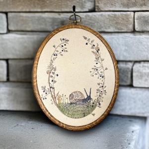 Snail Mushroom Finished Embroidery Hoop Wall Hanging, Embroidered Mushroom, Cottagecore, Home Decor, Mushroom Art, Wall Decor,French Cottage
